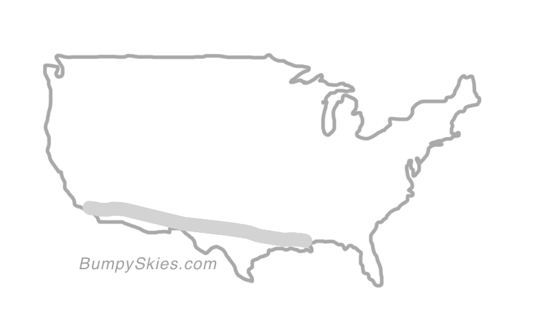 Map of continental US with illustrated flight path and turbulence forecast (described in text below)