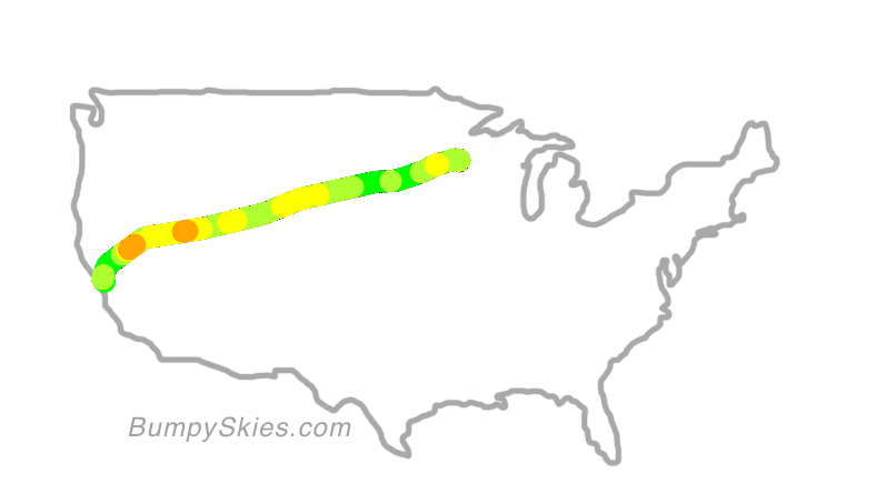 Map of continental US with illustrated flight path and turbulence forecast (described in text below)