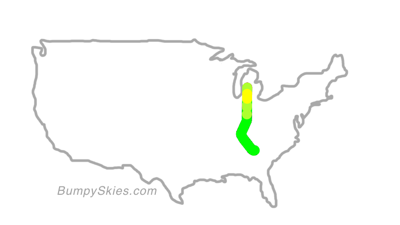 Map of continental US with illustrated flight path and turbulence forecast (described in text below)