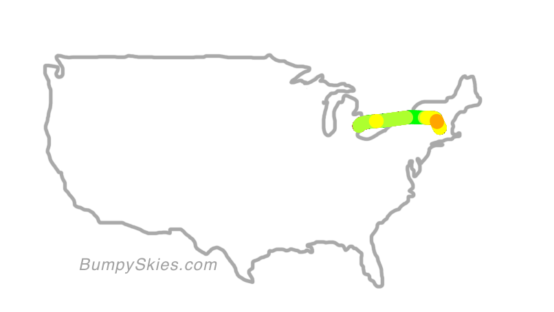 Map of continental US with illustrated flight path and turbulence forecast (described in text below)