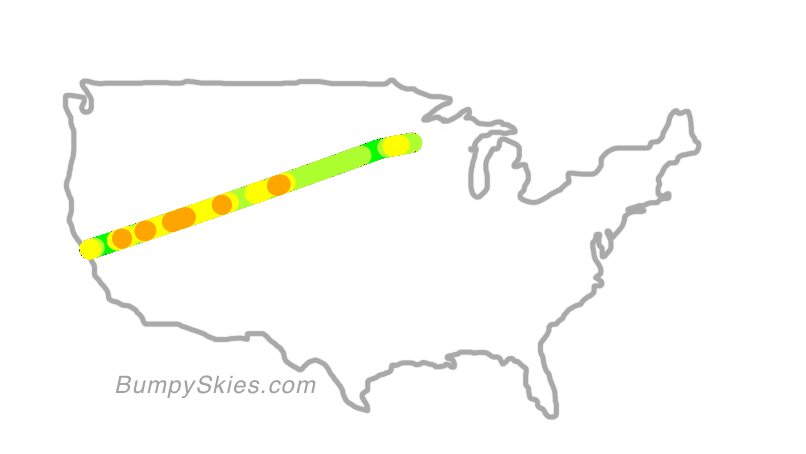 Map of continental US with illustrated flight path and turbulence forecast (described in text below)