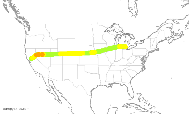 Turbulence forecast map for DAL2180, DTW to SMF