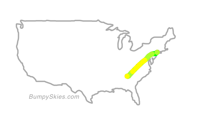 Map of continental US with illustrated flight path and turbulence forecast (described in text below)