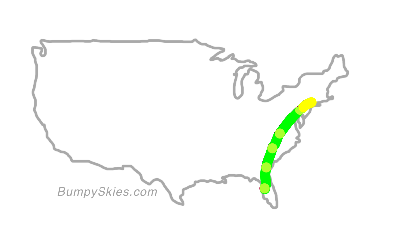 Map of continental US with illustrated flight path and turbulence forecast (described in text below)