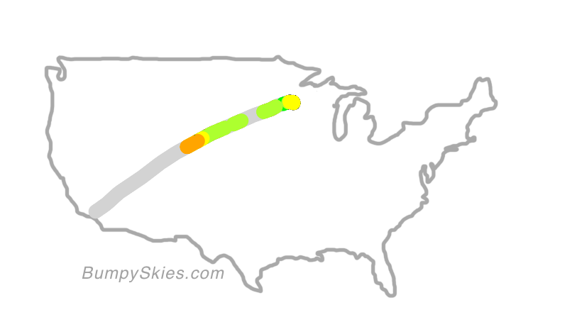 Map of continental US with illustrated flight path and turbulence forecast (described in text below)