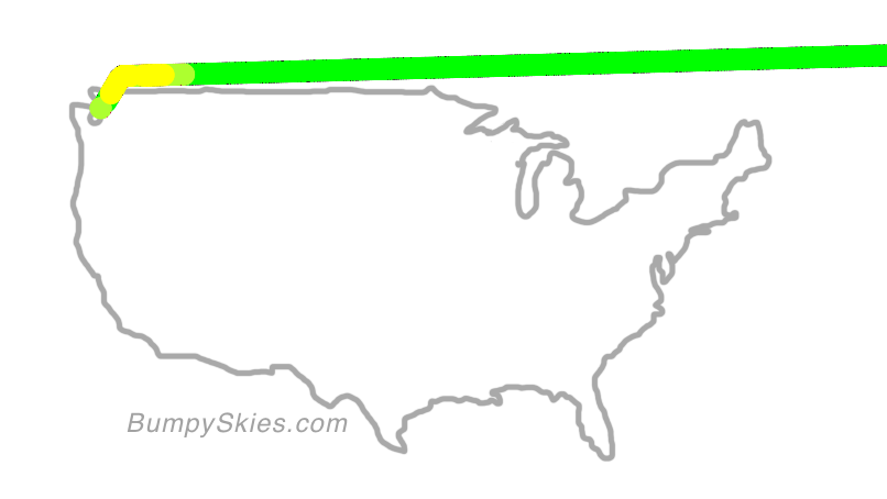 Map of continental US with illustrated flight path and turbulence forecast (described in text below)