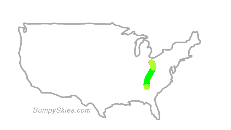 Map of continental US with illustrated flight path and turbulence forecast (described in text below)