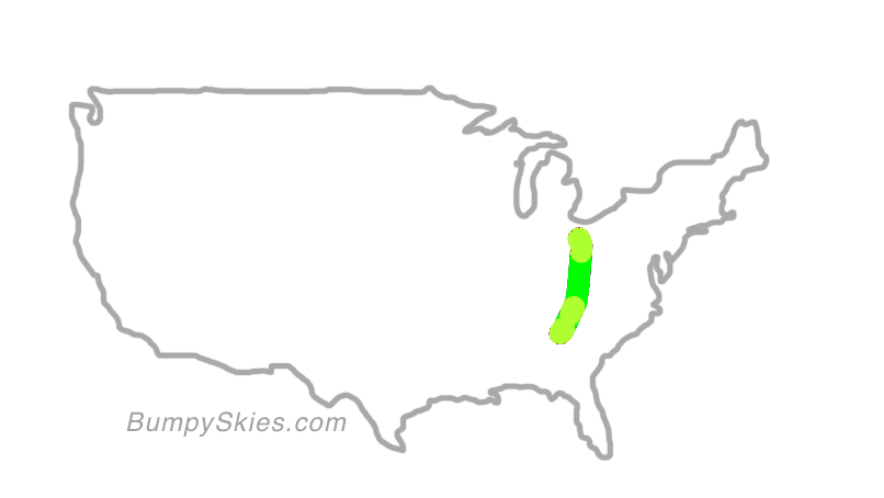 Map of continental US with illustrated flight path and turbulence forecast (described in text below)