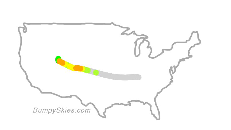 Map of continental US with illustrated flight path and turbulence forecast (described in text below)