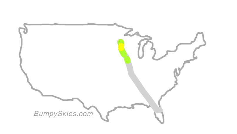 Map of continental US with illustrated flight path and turbulence forecast (described in text below)