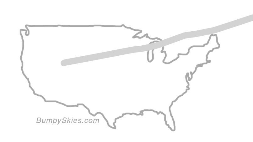 Map of continental US with illustrated flight path and turbulence forecast (described in text below)