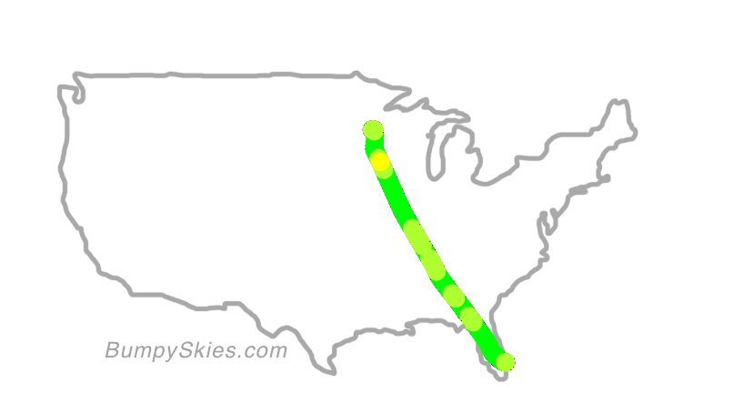 Map of continental US with illustrated flight path and turbulence forecast (described in text below)