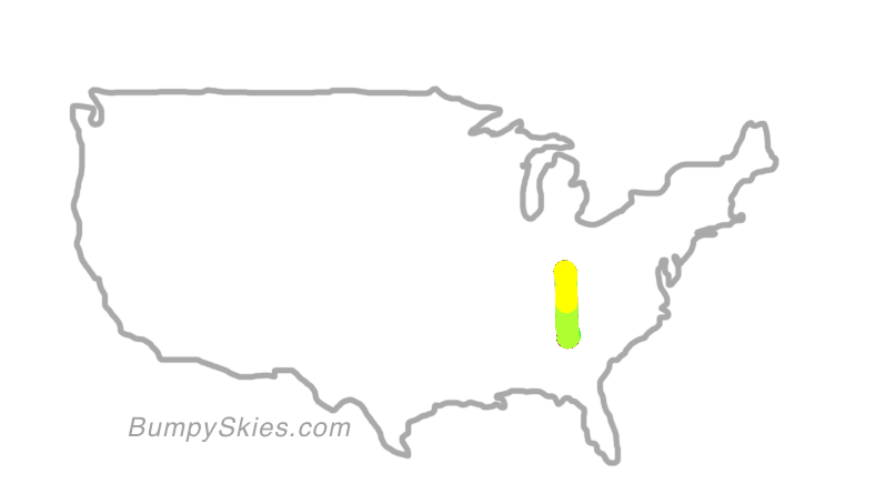 Map of continental US with illustrated flight path and turbulence forecast (described in text below)