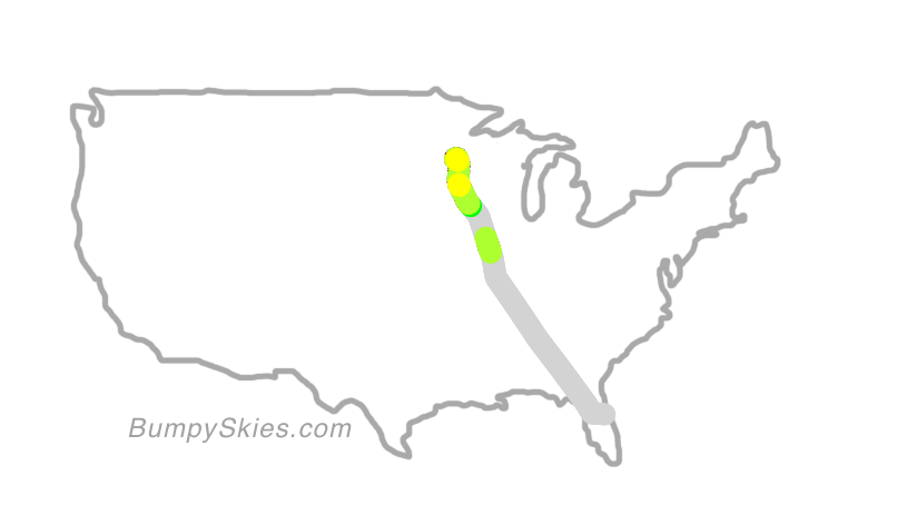 Map of continental US with illustrated flight path and turbulence forecast (described in text below)