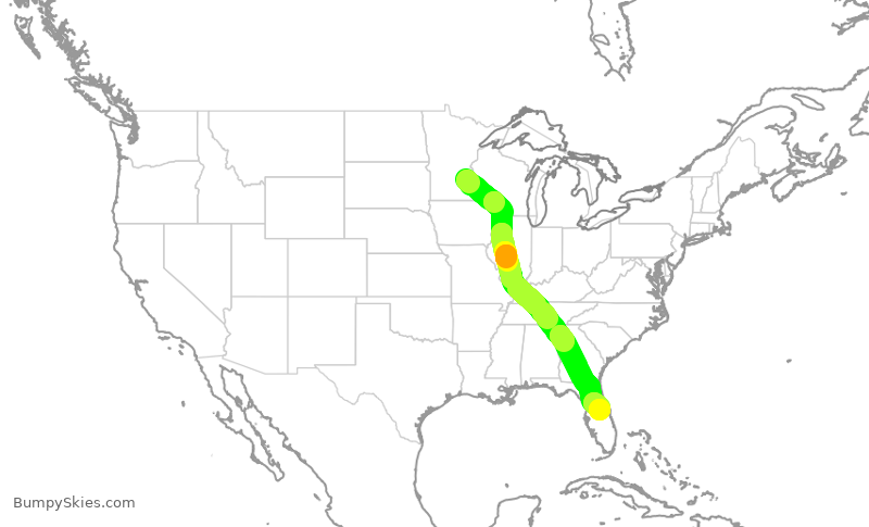 Turbulence forecast map for DAL2225, MSP to MCO