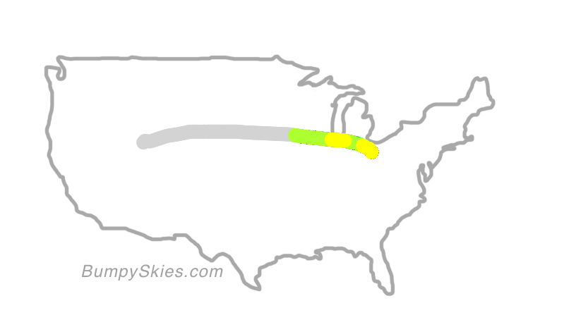Map of continental US with illustrated flight path and turbulence forecast (described in text below)