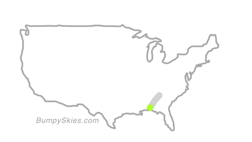 Map of continental US with illustrated flight path and turbulence forecast (described in text below)