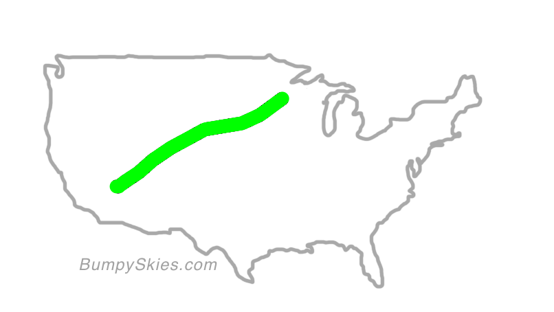 Map of continental US with illustrated flight path and turbulence forecast (described in text below)
