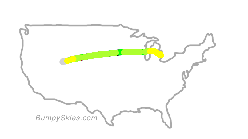 Map of continental US with illustrated flight path and turbulence forecast (described in text below)