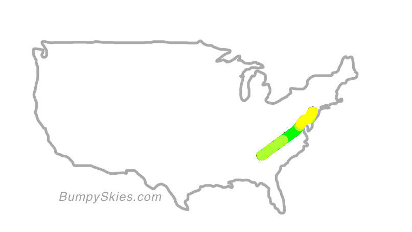 Map of continental US with illustrated flight path and turbulence forecast (described in text below)