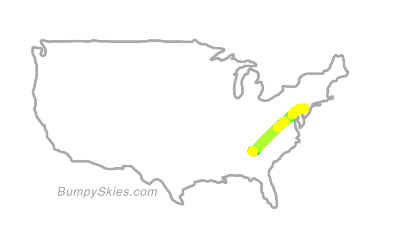Map of continental US with illustrated flight path and turbulence forecast (described in text below)