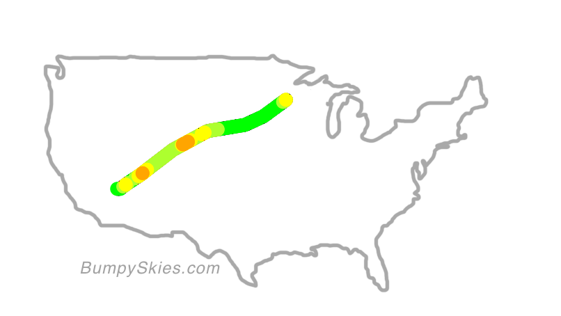 Map of continental US with illustrated flight path and turbulence forecast (described in text below)
