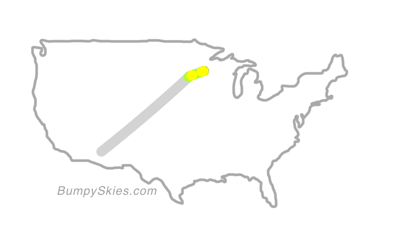 Map of continental US with illustrated flight path and turbulence forecast (described in text below)
