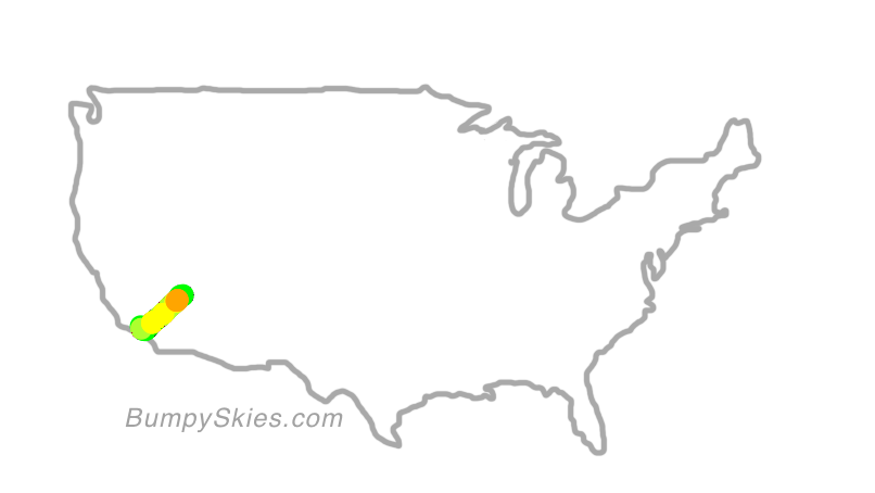 Map of continental US with illustrated flight path and turbulence forecast (described in text below)