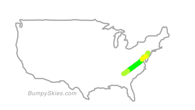 Map of continental US with illustrated flight path and turbulence forecast (described in text below)