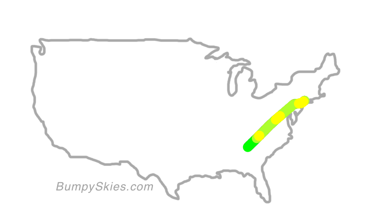 Map of continental US with illustrated flight path and turbulence forecast (described in text below)