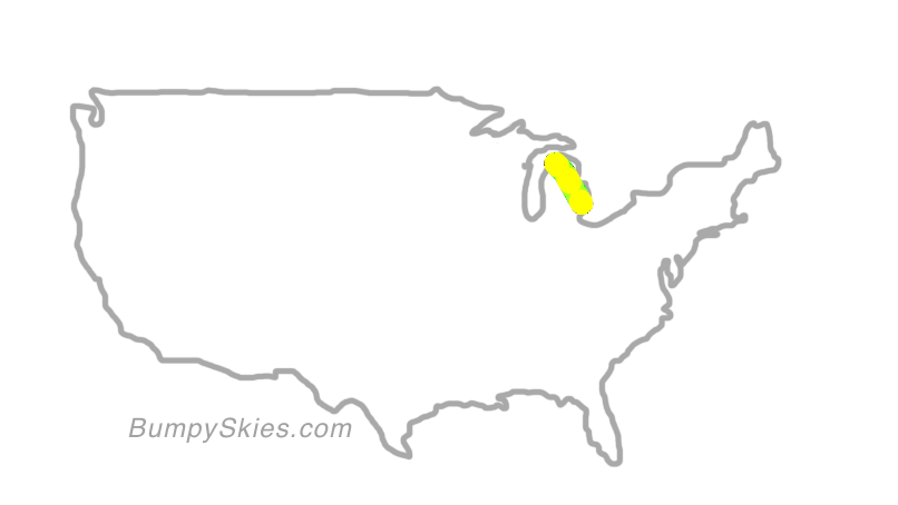 Map of continental US with illustrated flight path and turbulence forecast (described in text below)