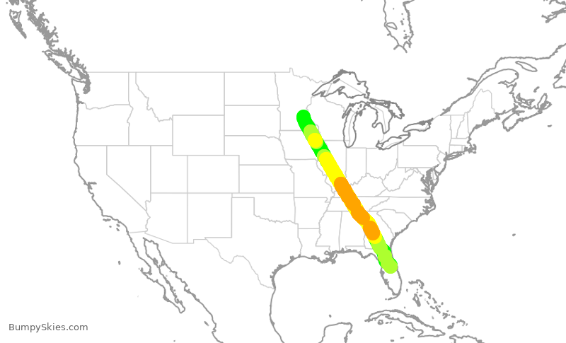 Turbulence forecast map for DAL2309, MSP to MCO