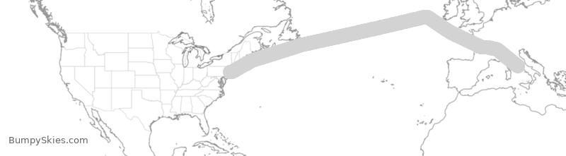 Map of continental US with illustrated flight path and turbulence forecast (described in text below)
