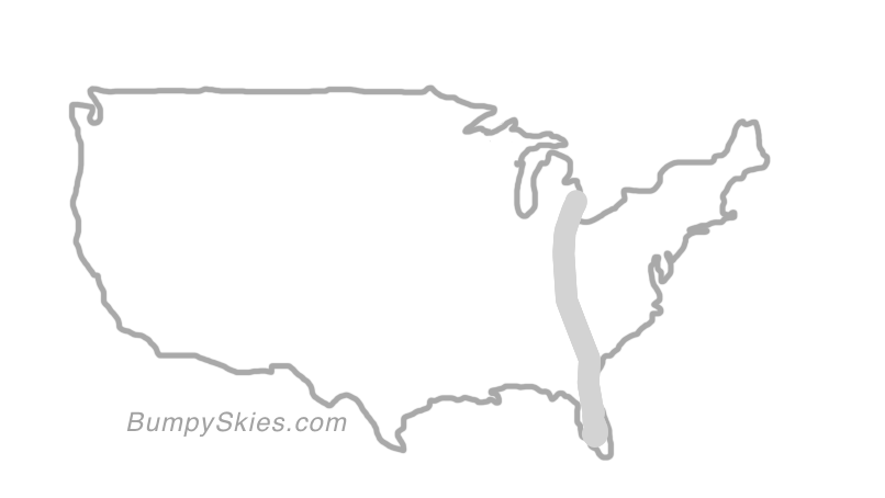 Map of continental US with illustrated flight path and turbulence forecast (described in text below)