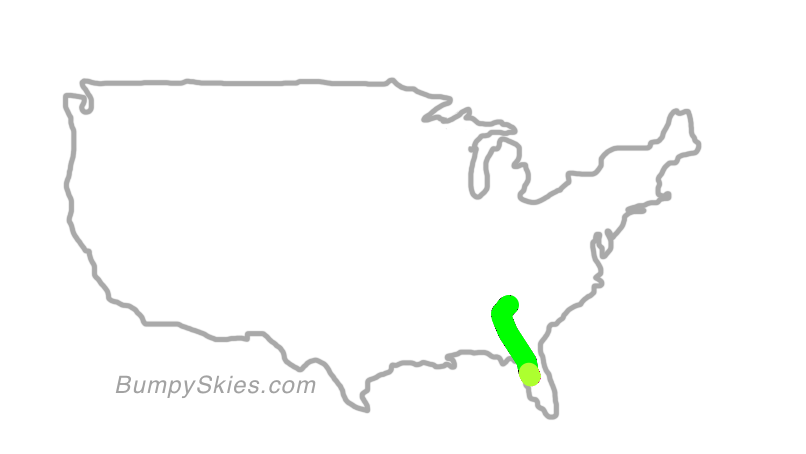 Map of continental US with illustrated flight path and turbulence forecast (described in text below)