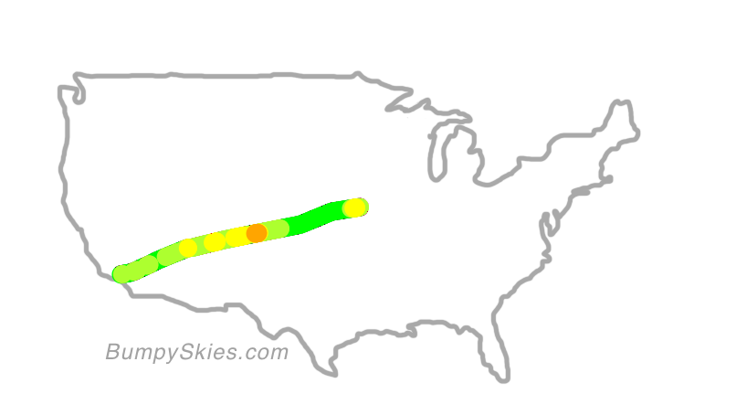 Map of continental US with illustrated flight path and turbulence forecast (described in text below)