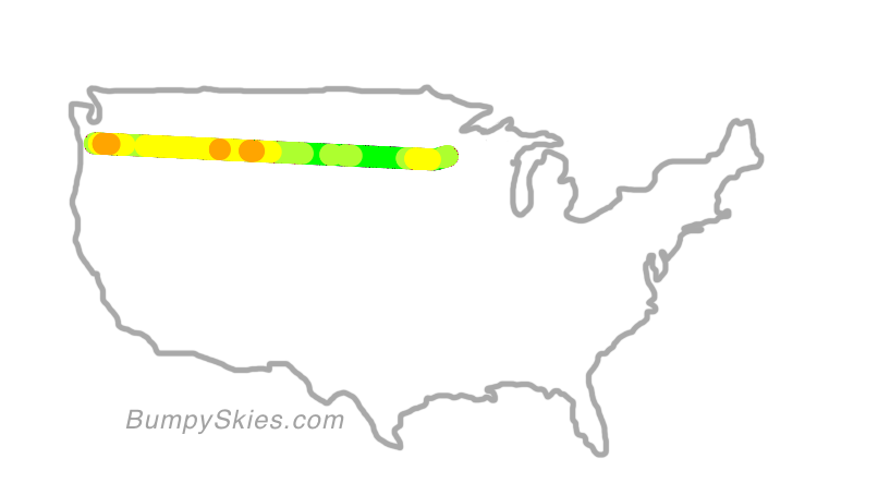 Map of continental US with illustrated flight path and turbulence forecast (described in text below)