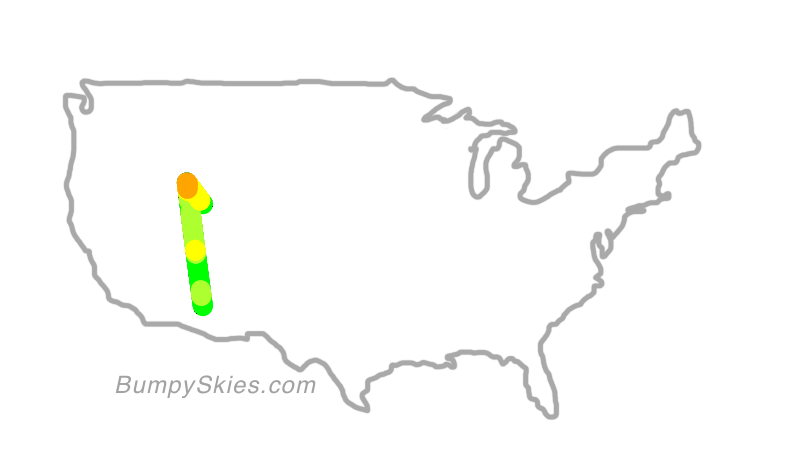 Map of continental US with illustrated flight path and turbulence forecast (described in text below)