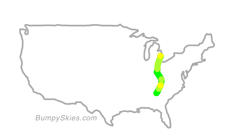 Map of continental US with illustrated flight path and turbulence forecast (described in text below)