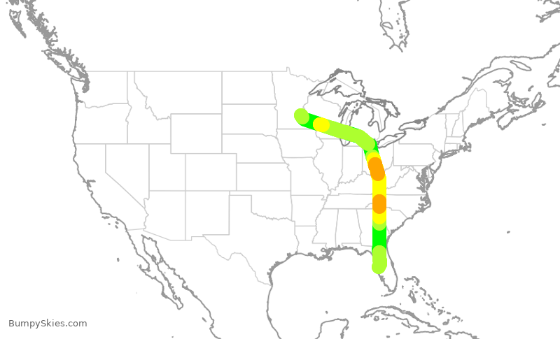 Turbulence forecast map for DAL2385, MSP to TPA