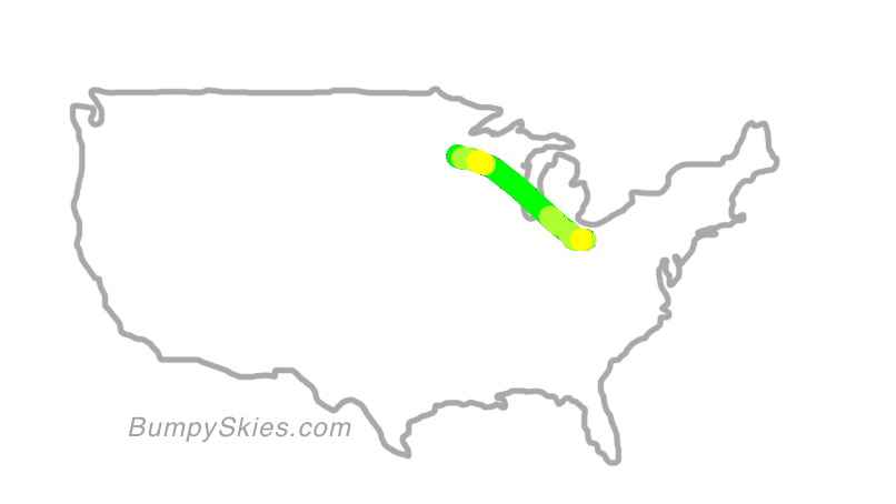 Map of continental US with illustrated flight path and turbulence forecast (described in text below)