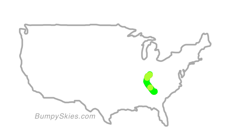 Map of continental US with illustrated flight path and turbulence forecast (described in text below)