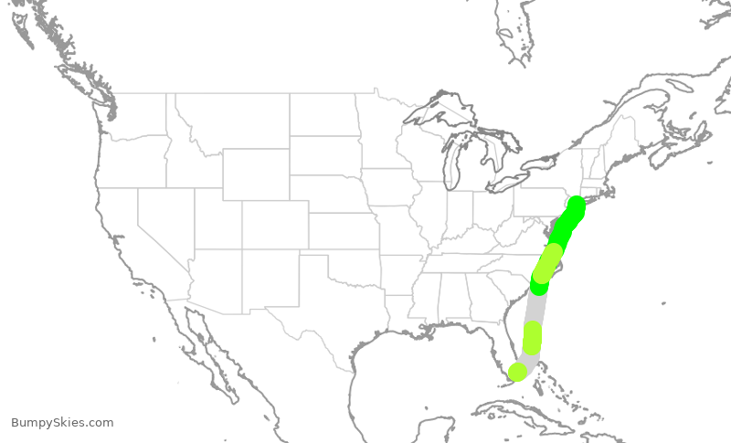 Turbulence forecast map for DAL2428, MIA to JFK