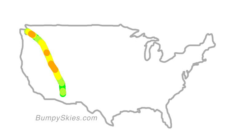 Map of continental US with illustrated flight path and turbulence forecast (described in text below)