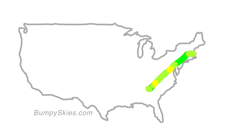 Map of continental US with illustrated flight path and turbulence forecast (described in text below)