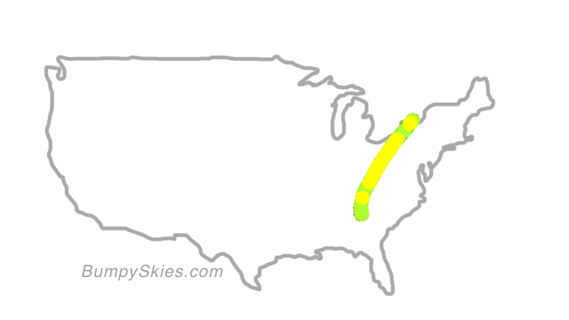 Map of continental US with illustrated flight path and turbulence forecast (described in text below)