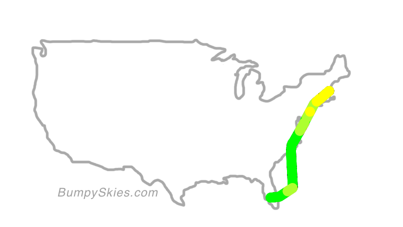 Map of continental US with illustrated flight path and turbulence forecast (described in text below)