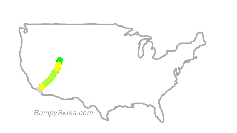 Map of continental US with illustrated flight path and turbulence forecast (described in text below)