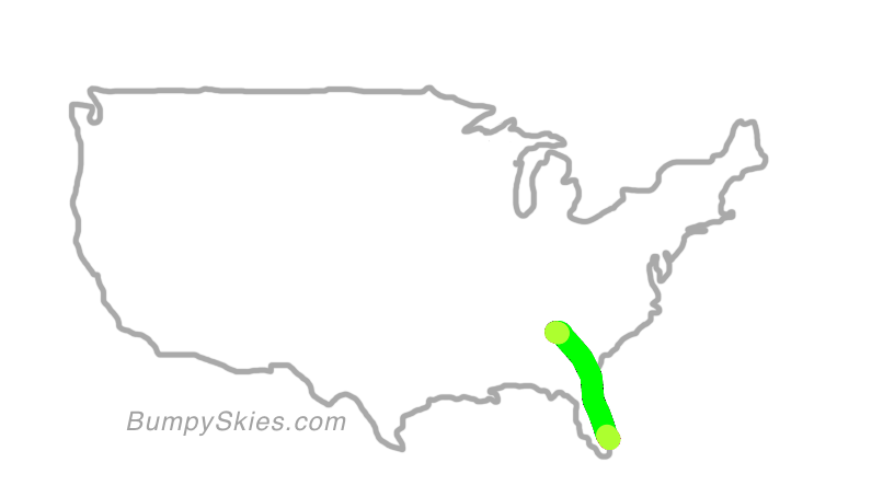 Map of continental US with illustrated flight path and turbulence forecast (described in text below)