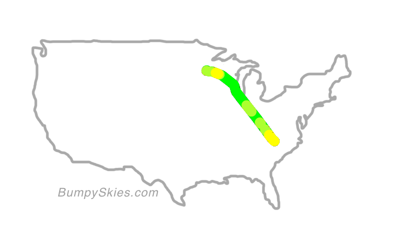 Map of continental US with illustrated flight path and turbulence forecast (described in text below)